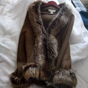 Solid knit Ruana with Faux Fur border